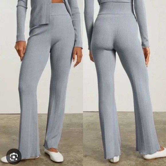 EVERLANE Flare Ribbed Knit Pants S Pearl Gray Pull On Stretch High Rise NWT B37 - Picture 1 of 6